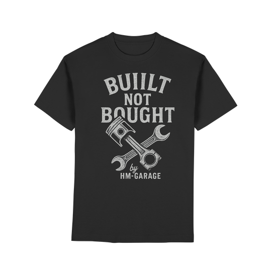 HM-GARAGE™ T-Shirt – “Built Not Bought” | Vintage mechanic shirt for motorcycle enthusiasts & mechanics | Old-school workshop design – Premium Classic T-Shirt